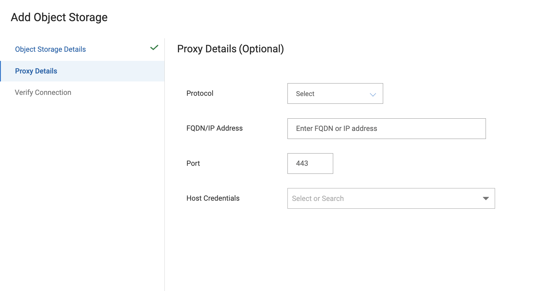 Form for adding object storage with proxy details and connection verification options.